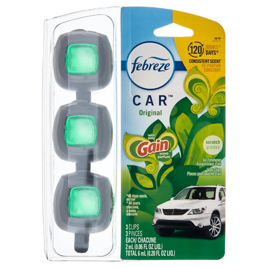 Car Odor-Fighting Car Freshener Vent Clip Gain Original Scent, .06 Oz, Pack of 3